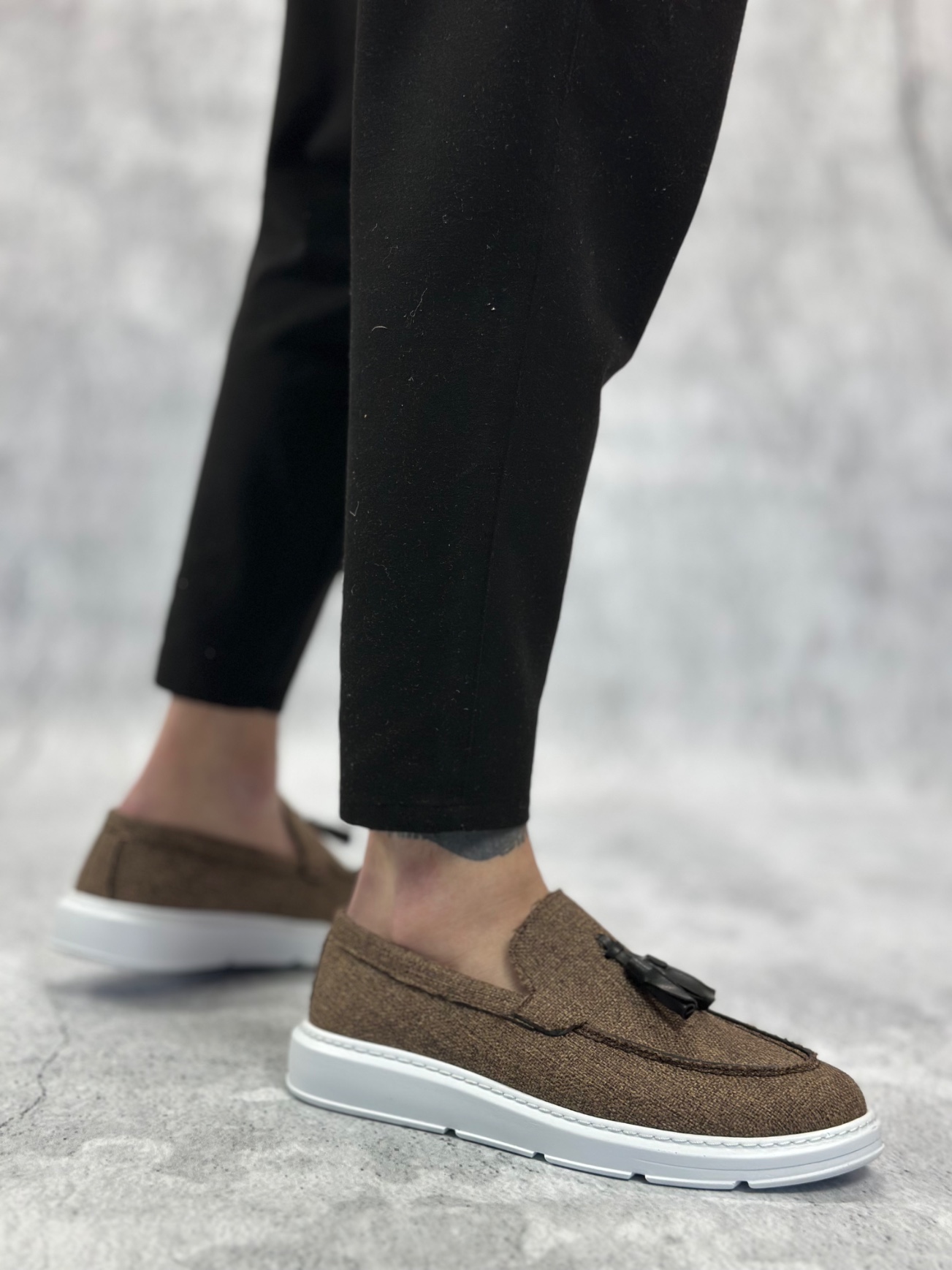 BA0005 Bağcıksız Yüksek Taban Klasik Keten Kahverengi Püsküllü Erkek Ayakkabı