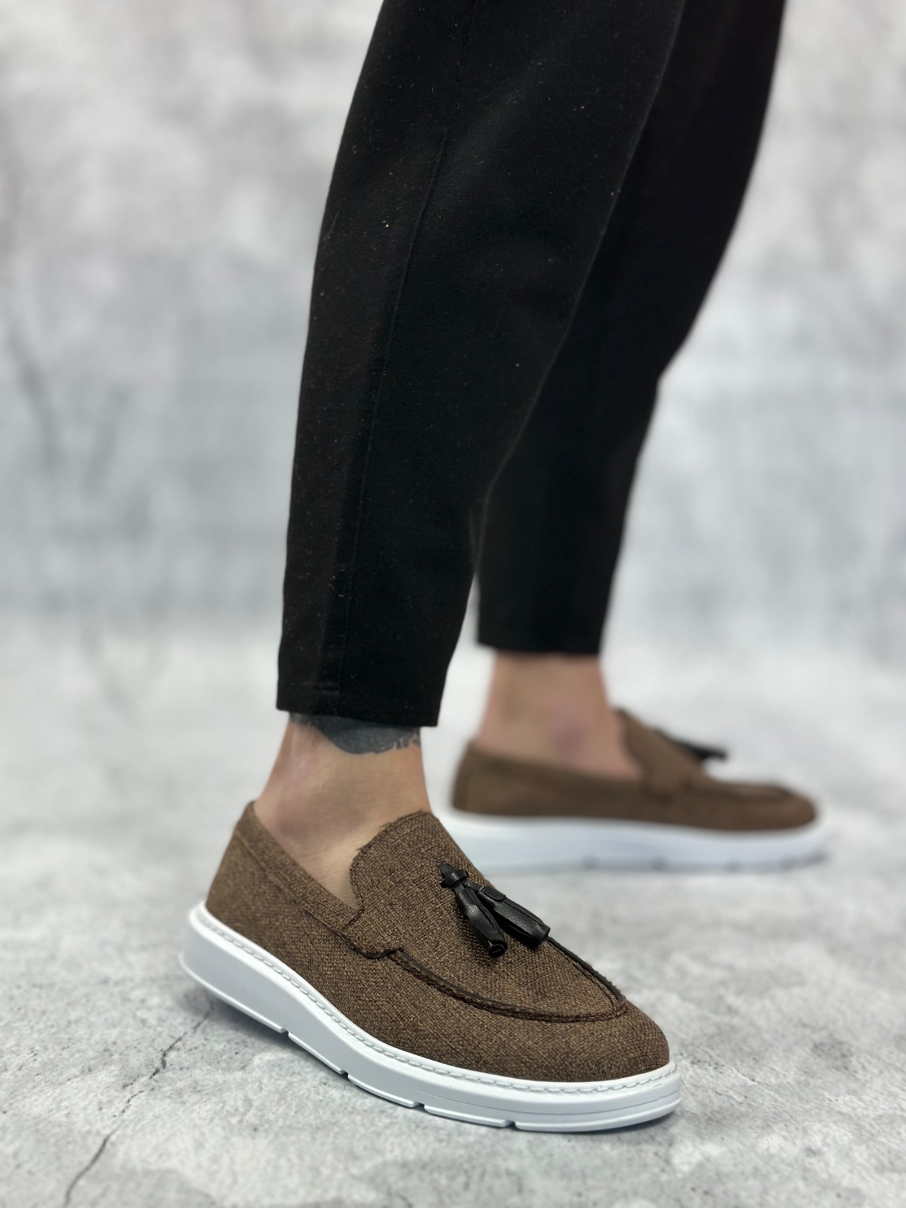 BA0005 Bağcıksız Yüksek Taban Klasik Keten Kahverengi Püsküllü Erkek Ayakkabı