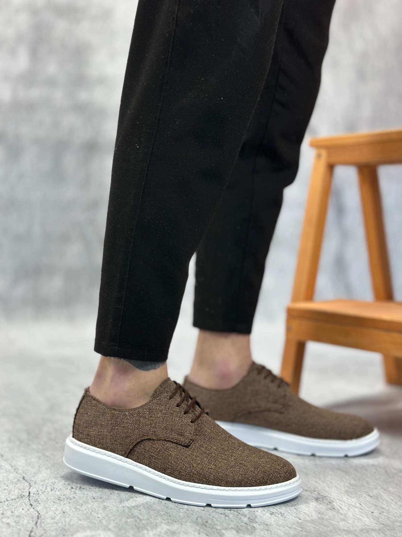 BA0003 Bağcıklı Klasik Spor Keten Kahverengi Beyaz Taban Casual Erkek Ayakkabı