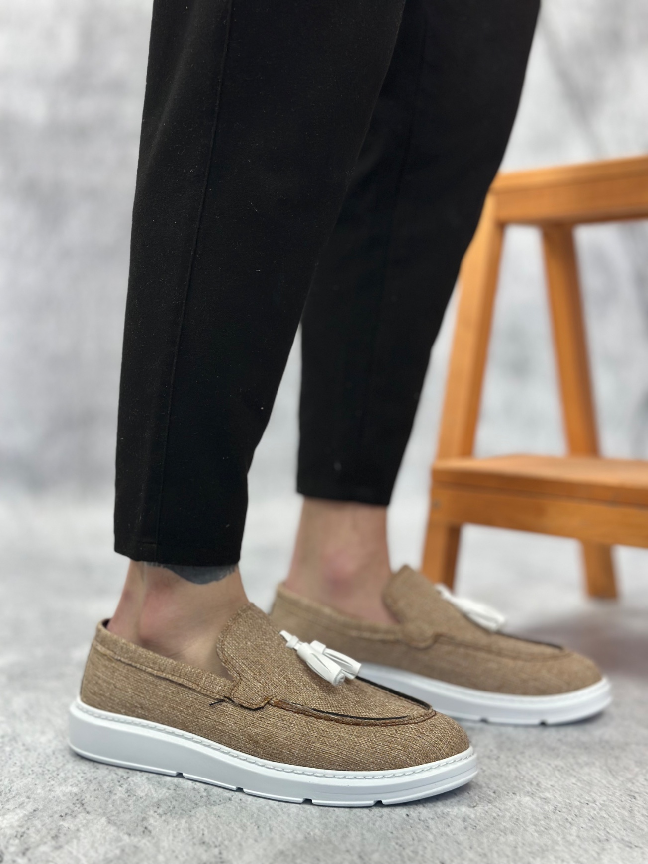 BA0005 Bağcıksız Yüksek Taban Klasik Keten Füme Püsküllü Erkek Ayakkabı