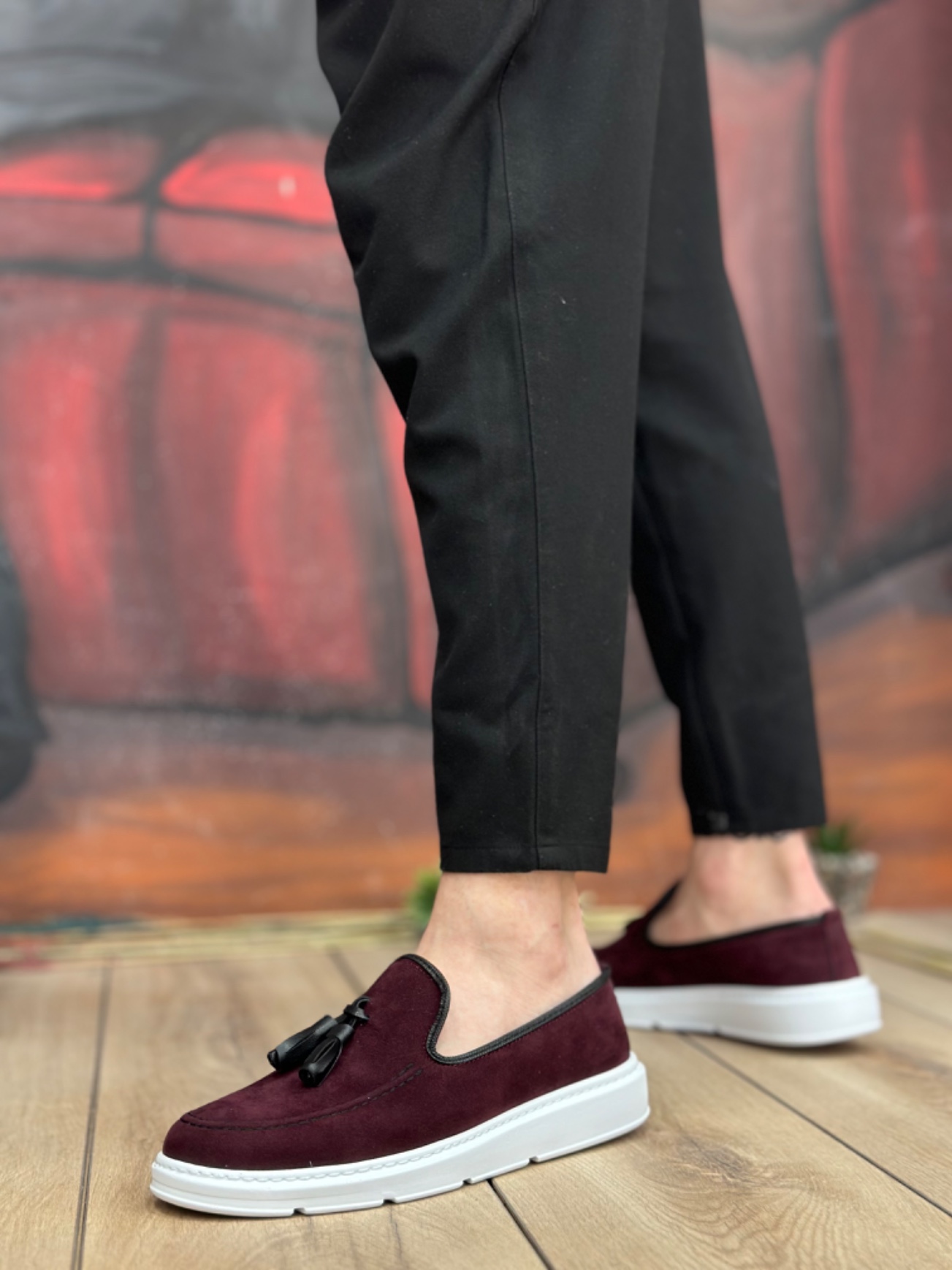 BA0005 Bağcıksız Yüksek Taban Bordo Süet Klasik Püsküllü Corcik Erkek Ayakkabı