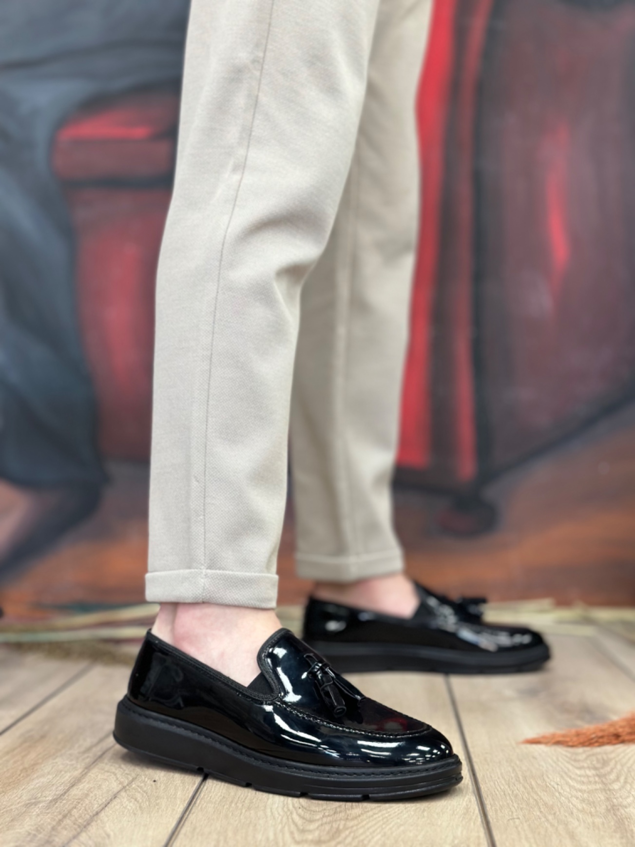 BA0005 Bağcıksız Yüksek Taban Siyah Rugan Klasik Püsküllü Corcik Erkek Ayakkabısı