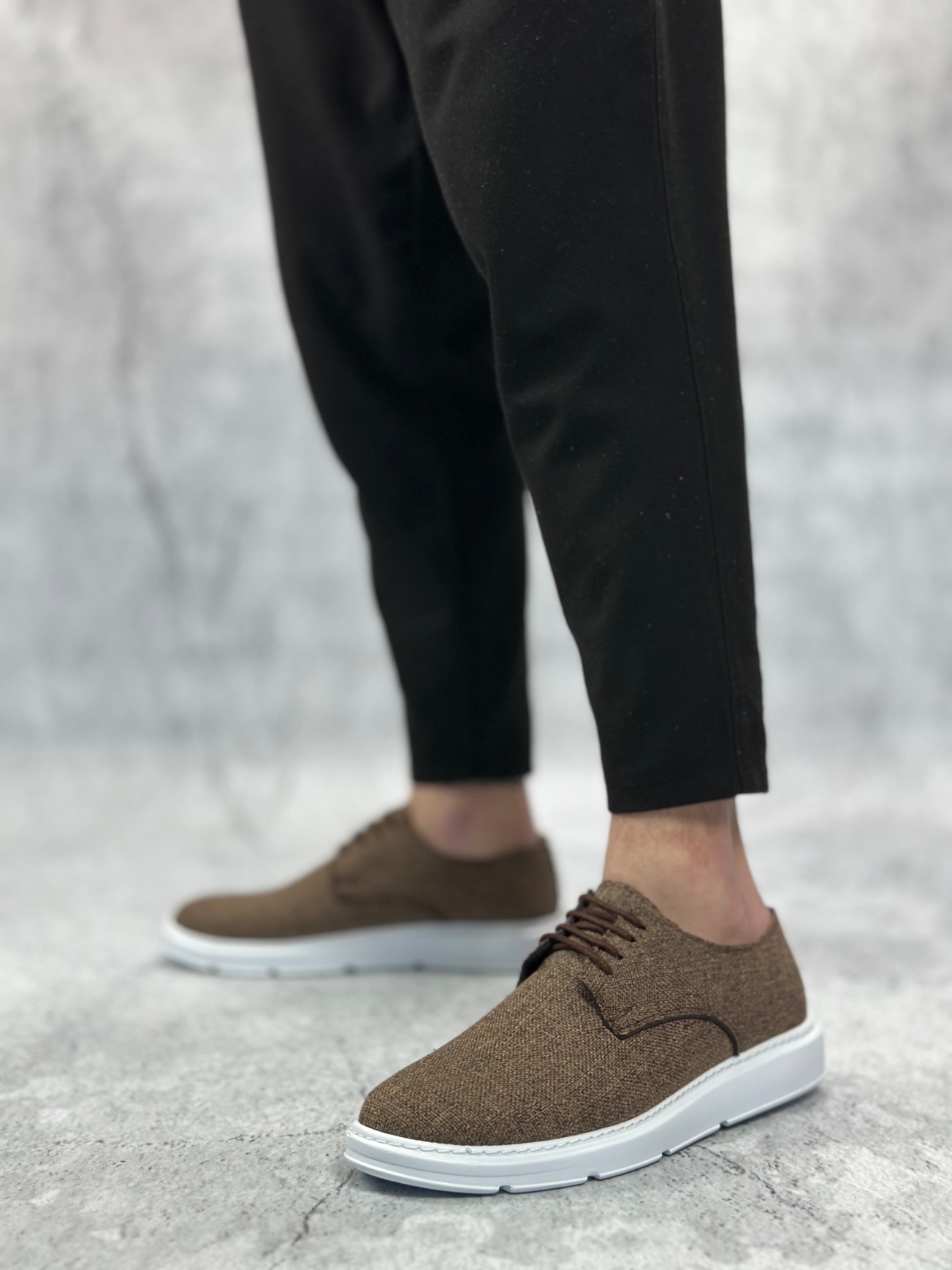 BA0003 Bağcıklı Klasik Spor Keten Kahverengi Beyaz Taban Casual Erkek Ayakkabı