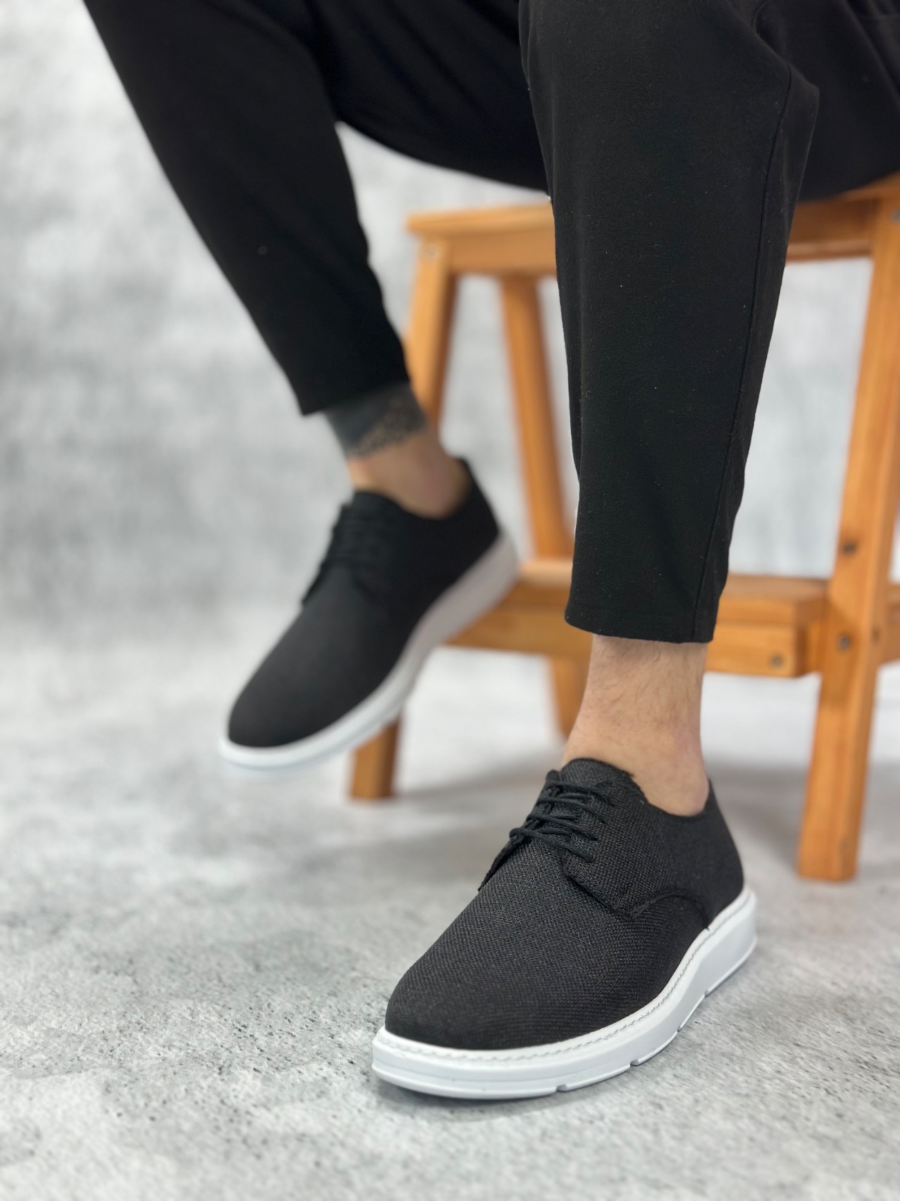 BA0003 Bağcıklı Klasik Spor Keten Siyah Beyaz Taban Casual Erkek Ayakkabı