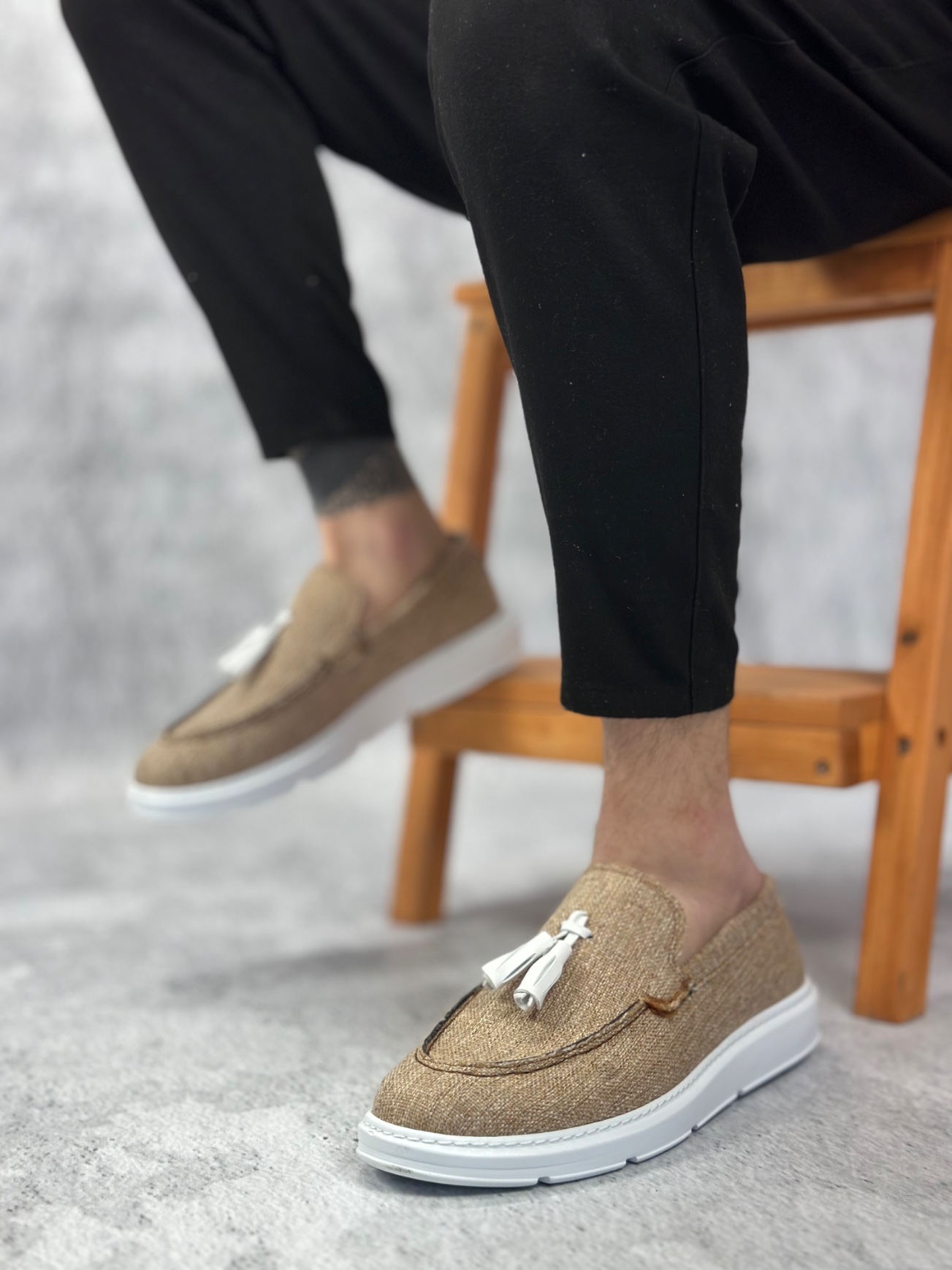 BA0005 Bağcıksız Yüksek Taban Klasik Keten Hardal Püsküllü Erkek Ayakkabı